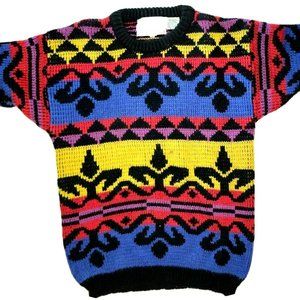 NOS Vtg 90s Organically Grown Multicolor Geometric Short Sleeve Sweater Size Med